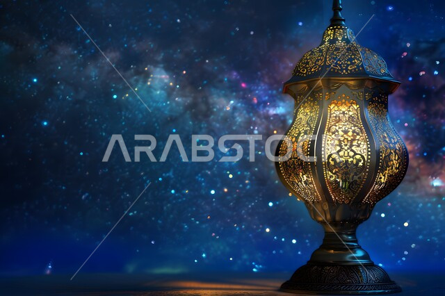 تحف وفوانيس وديكورات تقليدية للاحتفال بقدوم شهر رمضان المبارك، التقاليد والعادات العربية في زينة الأعياد والمناسبات الدينية، أجواء رمضانية وروحانية إسلامية، فانوس عربي معدني مزخرف بداخله سن مضيء