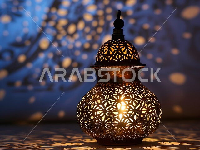 التقاليد والعادات العربية في زينة الأعياد والمناسبات الدينية، أجواء رمضانية وروحانية إسلامية، فوانيس وتحف وديكورات تقليدية للاحتفال بقدوم شهر رمضان المبارك، فانوس عربي معدني مزخرف بداخله سن مضيء