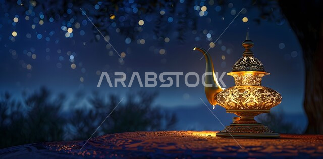 Celebrating the advent of the month of goodness and blessings, old Arab lamps and lanterns, decorations and ornaments for the blessed Ramadan, Islamic religious designs and decorations, a decorative metal lantern illuminated at night, welcoming the spiritual Ramadan atmosphere.