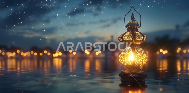 Old Arab lamps and lanterns, decorations and adornments for the holy month of Ramadan, Islamic religious designs and decorations, a decorative metal lantern that is illuminated at night, celebrating the coming of the month of goodness and blessings, welcoming the spiritual Ramadan atmosphere.