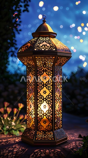 A decorative metal lantern that is illuminated at night time, adornments and decorations for the blessed Ramadan, Islamic religious designs and decorations, old Arab lanterns and lamps, celebrating the coming of the month of goodness and blessings, welcoming the spiritual Ramadan atmosphere.