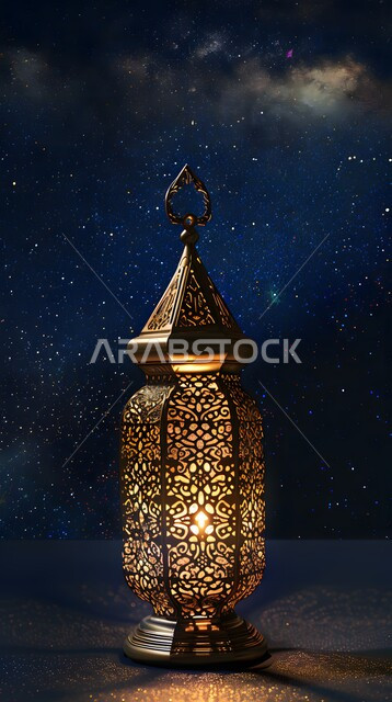 Decorations and decorations for the blessed Ramadan, Islamic religious designs and decorations, a decorative metal lantern illuminated at night, old Arab lanterns and lamps, celebrating the coming of the month of goodness and blessings, welcoming the spiritual Ramadan atmosphere.