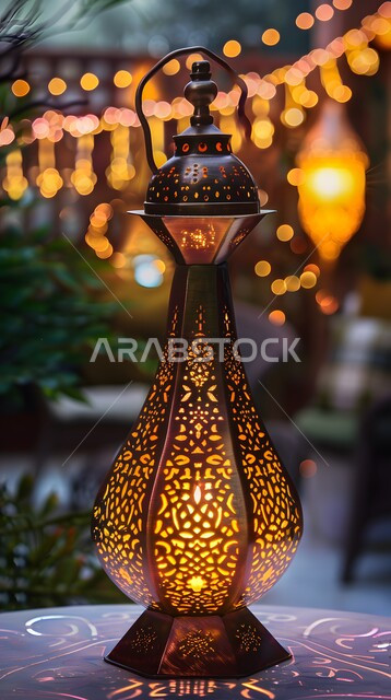 Decorations and decorations for the blessed Ramadan, Islamic religious designs and decorations, a decorative metal lantern illuminated at night, old Arab lanterns and lamps, celebrating the coming of the month of goodness and blessings, welcoming the spiritual Ramadan atmosphere.