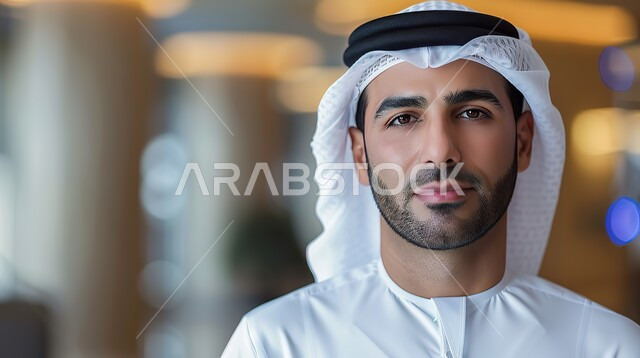 Concern with external appearance, the concept of elegance and masculinity, expressions of self-confidence, a close-up photo of an Arab Gulf Emirati man wearing traditional clothing looking at the camera with serious gestures