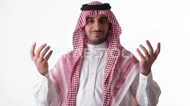 Attention to elegance and external appearance, expressions of welcome and reception, a feeling of joy and pleasure, a close-up portrait of a Saudi Gulf Arab man wearing traditional clothing, raising his hands with happiness gestures, white background.