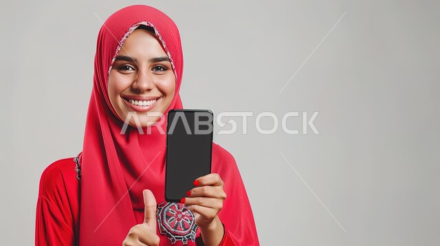 عرض تطبيقات وخدمات الهاتف المحمول، إيماءات القبول والموافقة، استخدام الاجهزة التقنية الحديثة، بورتريه مقرب لامرأة عربية خليجية سعودية محجبة تحمل بيدها جوال بشاشة سوداء ترفع يدها بتعابير الرضا والاعجاب، خلفية رمادية