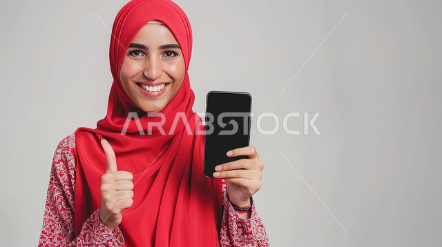 إيماءات السعادة والسرور، استخدام الاجهزة التقنية الحديثة، بورتريه مقرب لامرأة عربية خليجية سعودية محجبة تحمل بيدها جوال بشاشة سوداء ترفع يدها بتعابير الرضا والاعجاب، عرض تطبيقات وخدمات الهاتف المحمول، خلفية رمادية