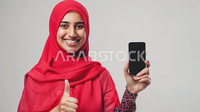 إيماءات القبول والموافقة، استخدام الاجهزة التقنية الحديثة، بورتريه مقرب لامرأة عربية خليجية سعودية محجبة تحمل بيدها جوال بشاشة سوداء ترفع يدها بتعابير الرضا والاعجاب، عرض تطبيقات وخدمات الهاتف المحمول، خلفية رمادية