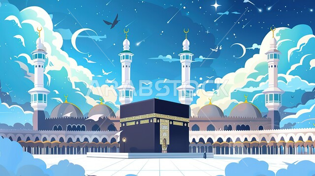 قبلة الاسلام والمسلمين، رسوم توضيحية ثلاثية الابعاد للكعبة المشرفة في مكة المكرمة، أماكن ومعالم إسلامية مقدسة، بيت الله الحرام في الحرم المكي الشريف في المملكة العربية السعودية، أداء مناسك الحج والعمرة، العبادة والتقرب الى الله
