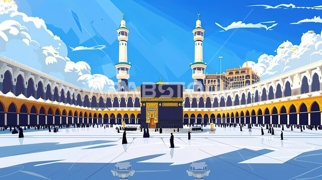 Three-dimensional illustrations of the Holy Kaaba in Mecca, holy Islamic places and landmarks, the Holy House of God in the Holy Mosque of Mecca in the Kingdom of Saudi Arabia, performing Hajj and Umrah rituals, worship and getting closer to God, the Qiblah of Islam and Muslims