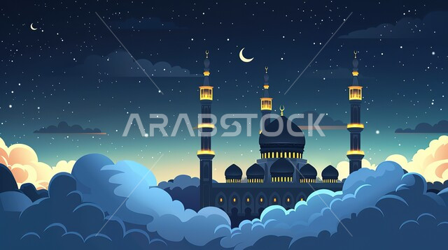 الديكورات والتصاميم الهندسية المميزة، منظر السماء المليئة بالنجوم، رسومات توضيحية ثلاثية الابعاد لمسجد بين الغيوم في الليل، المآذن والقبب المزخرفه للمساجد الإسلامية، العبادة والتقرب إلى الله تعالى