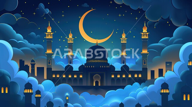 منظر السماء المليئة بالنجوم، الديكورات والتصاميم الهندسية المميزة، رسومات توضيحية ثلاثية الابعاد لمسجد بين الغيوم في الليل، المآذن والقبب المزخرفه للمساجد الإسلامية، العبادة والتقرب إلى الله تعالى