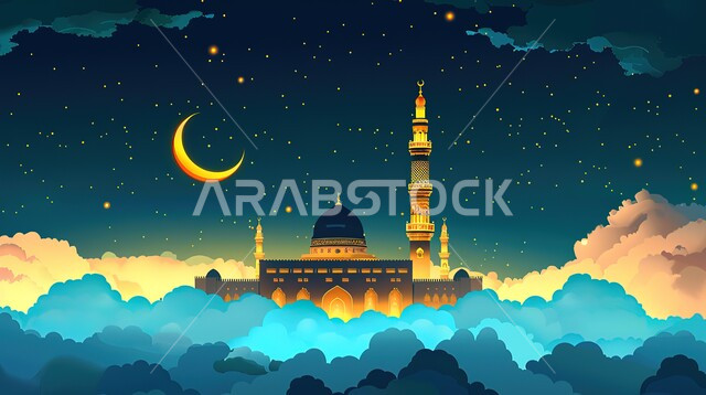 العبادة والتقرب إلى الله تعالى، منظر السماء المليئة بالنجوم، الديكورات والتصاميم الهندسية المميزة، رسومات توضيحية ثلاثية الابعاد لمسجد بين الغيوم في الليل، المآذن والقبب المزخرفه للمساجد الإسلامية