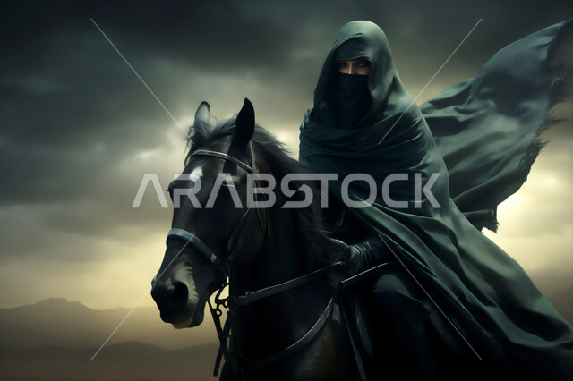 شغف الفروسية وممارسة هواية ركوب الخيل، صورة مقربة لسيدة عربية خليجية سعودية محجبة ترتدي العباءة وتتجول في الصحراء على ظهر جواد عربي أصيل، توارث حب الخيول من الأجداد، المناطق الصحراوية في المملكة العربية السعودية