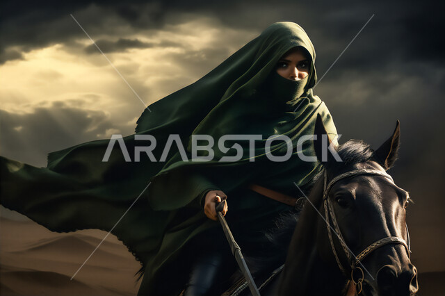 شغف الفروسية وممارسة هواية ركوب الخيل، صورة مقربة لسيدة عربية خليجية سعودية محجبة ترتدي العباءة وتتجول في الصحراء على ظهر جواد عربي أصيل، توارث حب الخيول من الأجداد، المناطق الصحراوية في المملكة العربية السعودية