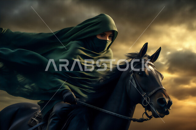 شغف الفروسية وممارسة هواية ركوب الخيل، صورة مقربة لسيدة عربية خليجية سعودية محجبة ترتدي العباءة وتتجول في الصحراء على ظهر جواد عربي أصيل، توارث حب الخيول من الأجداد، المناطق الصحراوية في المملكة العربية السعودية