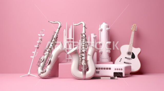 الغيتار والبيانو والمايكروفون، صورة مقربة لمجموعة من الأدوات الموسيقية المتنوعة، الطرب والأنشطة الترفيهية، مواهب فنية متميزة، خلفية وردية