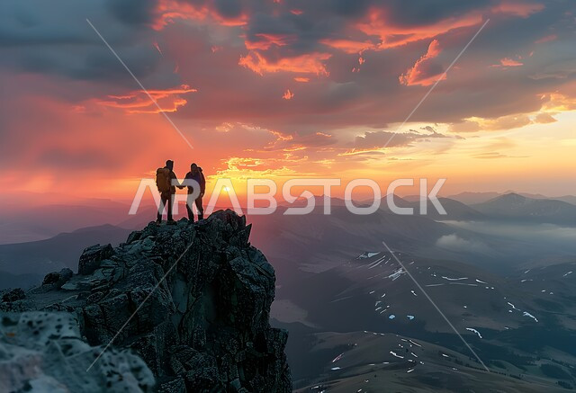 القمم والمرتفعات الجبلية، صورة من الخلف لرجلان عربيان يقفان على قمة جبل يتأملان المناظر الطبيعية وقت الغروب، رحلات ومغامرات ترفيهية، الاستمتاع باستكشاف الطبيعة، منظر الغيوم في السماء