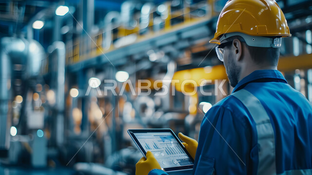 Controlling equipment using technology and technology, monitoring and supervising laboratory machines, a close-up picture of a Saudi Gulf Arab engineer wearing a helmet and a protective vest holding a tablet, industrial professions and jobs in Saudi Arabia, modern technical development and transformation
