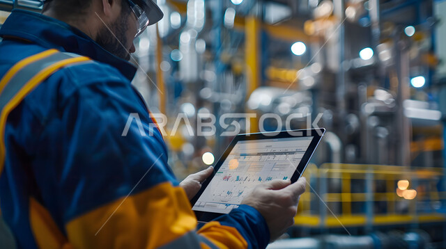 Controlling equipment using technology and technology, monitoring and supervising laboratory machines, a close-up photo of a Saudi Arabian Gulf engineer wearing a protective vest holding a tablet device, industrial professions and jobs in Saudi Arabia, modern technical development and transformation
