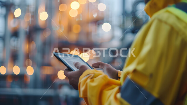 التحكم بالمعدات باستخدام التقنية والتكنولوجيا, المتابعة والإشراف على آلات المعمل، صورة مقربة لمهندس عربي خليجي سعودي يرتدي سترة الحماية يحمل جهاز التابلت اللوحي، مهن ووظائف صناعية في السعودية، التطور والتحول التقني الحديث