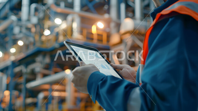 التحكم بالمعدات باستخدام التقنية والتكنولوجيا, المتابعة والإشراف على آلات المعمل، صورة مقربة لمهندس عربي خليجي سعودي يرتدي سترة الحماية يحمل جهاز التابلت اللوحي، مهن ووظائف صناعية في السعودية، التطور والتحول التقني الحديث