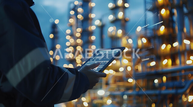 التحكم بالمعدات باستخدام التقنية والتكنولوجيا, المتابعة والإشراف على آلات المعمل، صورة مقربة لمهندس عربي خليجي سعودي يرتدي سترة الحماية يحمل جهاز التابلت اللوحي، مهن ووظائف صناعية في السعودية، التطور والتحول التقني الحديث