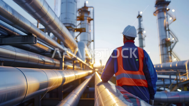 متابعة سير الاعمال في المصانع ،صورة مقربة من الخلف لمهندس عربي خليجي سعودي يرتدي الخوذة وسترة الحماية يقف بين خطوط الأنابيب وقت غروب الشمس، مفهوم إنتاجية الغاز في المملكة العربية السعودية, مهن ووظائف سعودية، خلفية مصنع تكرير النفط 