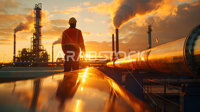 مراقبة سير الاعمال في المصانع ، مفهوم إنتاجية الغاز في المملكة العربية السعودية, مهن ووظائف سعودية، صورة مقربة من الخلف لمهندس عربي خليجي سعودي يرتدي الخوذة وسترة الحماية يقف بين خطوط الأنابيب وقت غروب الشمس، خلفية مصنع تكرير النفط 
