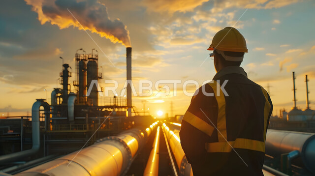متابعة سير الاعمال في المصانع ،صورة مقربة من الخلف لمهندس عربي خليجي سعودي يرتدي الخوذة وسترة الحماية يقف بين خطوط الأنابيب وقت غروب الشمس، مفهوم إنتاجية الغاز في المملكة العربية السعودية, مهن ووظائف سعودية، خلفية مصنع تكرير النفط 
