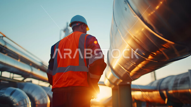 اعتماد التقنيات الحديثة في إنتاجية الغاز في السعودية, مراقبة سير الاعمال في المصانع ، مهن ووظائف سعودية، صورة مقربة من الخلف لمهندس عربي خليجي سعودي يرتدي الخوذة وسترة الحماية يقف بين خطوط الأنابيب وقت غروب الشمس، خلفية مصنع تكرير النفط 