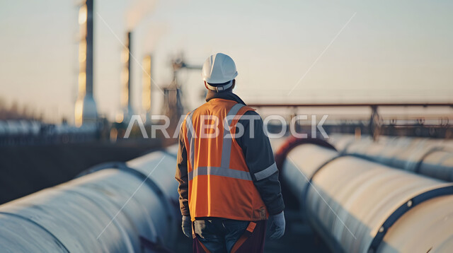 Saudi professions and jobs, following up on the progress of work in factories, a close-up photo from the back of a Saudi Gulf Arab engineer wearing a helmet and a protective vest standing between pipelines at sunset, the concept of gas production in the Kingdom of Saudi Arabia, background of an oil refining plant