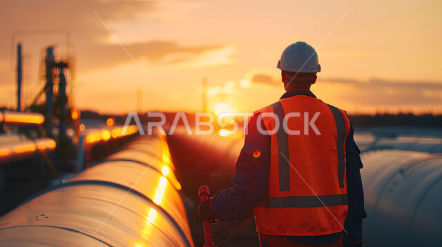 Following the progress of work in factories, a close-up photo from the back of a Saudi Gulf Arab engineer wearing a helmet and a protective vest standing between pipelines at sunset, the concept of gas production in the Kingdom of Saudi Arabia, Saudi professions and jobs, background of an oil refining factory