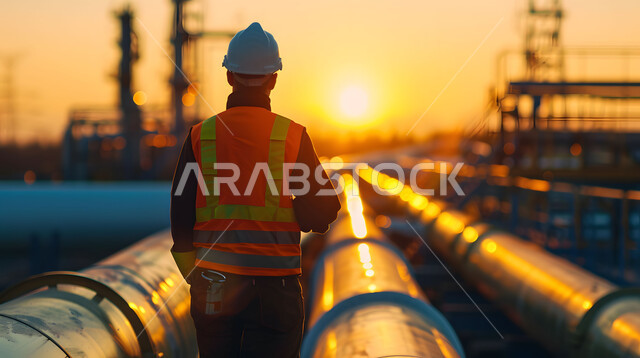متابعة سير الاعمال في المصانع ،صورة مقربة من الخلف لمهندس عربي خليجي سعودي يرتدي الخوذة وسترة الحماية يقف بين خطوط الأنابيب وقت غروب الشمس، مفهوم إنتاجية الغاز في المملكة العربية السعودية, مهن ووظائف سعودية، خلفية مصنع تكرير النفط 