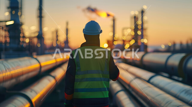 مراقبة سير الاعمال في المصانع والمعامل، مفهوم إنتاجية الغاز في المملكة العربية السعودية, مهن ووظائف سعودية، صورة مقربة من الخلف لمهندس عربي خليجي سعودي يرتدي الخوذة وسترة الحماية يقف بين خطوط الأنابيب وقت غروب الشمس، خلفية مصنع تكرير النفط 