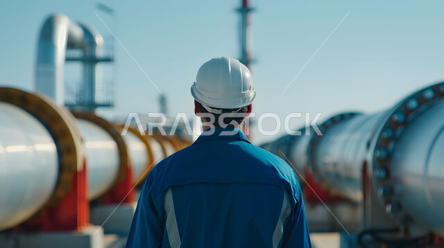 متابعة سير الاعمال في المصانع والمعامل، مفهوم إنتاجية الغاز في المملكة العربية السعودية, مهن ووظائف سعودية، صورة مقربة من الخلف لمهندس عربي خليجي سعودي يرتدي الخوذة وسترة الحماية يقف بين خطوط الأنابيب وقت غروب الشمس، خلفية مصنع تكرير النفط