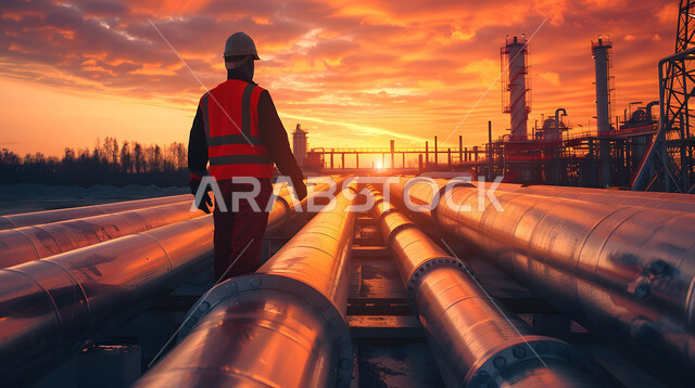 اعتماد التقنيات الحديثة في إنتاجية الغاز في السعودية, مراقبة سير الاعمال في المصانع ، مهن ووظائف سعودية، صورة مقربة من الخلف لمهندس عربي خليجي سعودي يرتدي الخوذة وسترة الحماية يقف بين خطوط الأنابيب وقت غروب الشمس، خلفية مصنع تكرير النفط