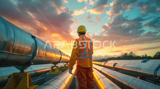 مهن ووظائف سعودية، متابعة سير الاعمال في المصانع ،صورة مقربة من الخلف لمهندس عربي خليجي سعودي يرتدي الخوذة وسترة الحماية يقف بين خطوط الأنابيب وقت غروب الشمس، مفهوم إنتاجية الغاز في المملكة العربية السعودية, خلفية مصنع تكرير النفط