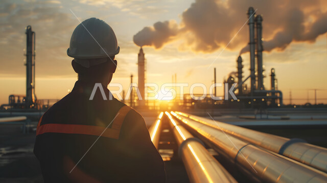 Monitoring the progress of work in factories and laboratories, the concept of gas productivity in the Kingdom of Saudi Arabia, Saudi professions and jobs, a close-up photo from the back of a Saudi Gulf Arab engineer wearing a helmet and a protective vest standing between pipelines at sunset, the background of an oil refining plant