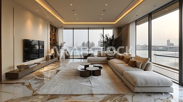 A living room with modern contemporary designs, distinctive interior decorations and glass windows, a living room with upscale home furnishings, luxurious modern designs, residential villas and palaces, advanced hotels and resorts