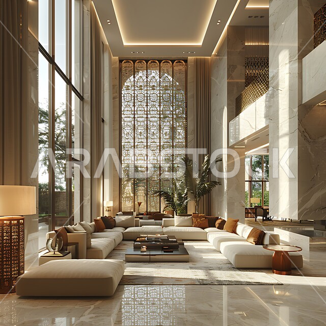 A living room with modern contemporary designs, distinctive interior decorations and glass windows, a living room with upscale home furnishings, luxurious modern designs, residential villas and palaces, advanced hotels and resorts