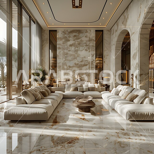 A living room with modern contemporary designs, distinctive interior decorations and glass windows, a living room with upscale home furnishings, luxurious modern designs, residential villas and palaces, advanced hotels and resorts