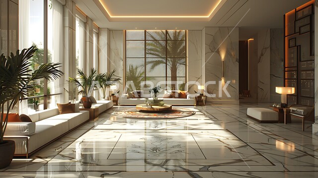 A living room with modern contemporary designs, distinctive interior decorations and glass windows, a living room with upscale home furnishings, luxurious modern designs, residential villas and palaces, advanced hotels and resorts