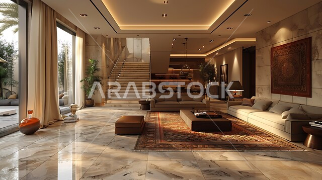 غرفة معيشة بتصاميم عصرية حديثة ، ديكورات داخلية ونوافذ زجاجية متميزة، غرفة جلوس بأثاث منزلي راقي، تصاميم عصرية فاخرة، فلل و قصور سكنية, فنادق ومنتجعات متطورة