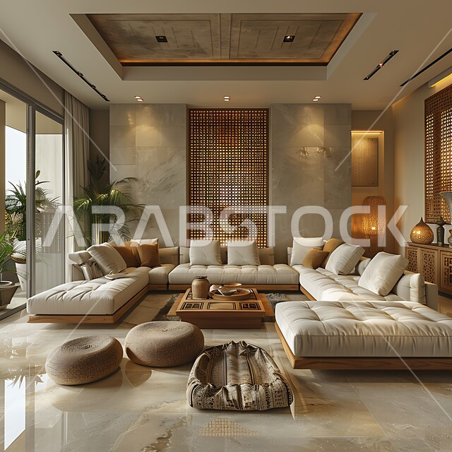 A living room with modern contemporary designs, distinctive interior decorations and glass windows, a living room with upscale home furnishings, luxurious modern designs, residential villas and palaces, advanced hotels and resorts