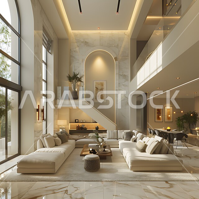 A living room with modern contemporary designs, distinctive interior decorations and glass windows, a living room with upscale home furnishings, luxurious modern designs, residential villas and palaces, advanced hotels and resorts