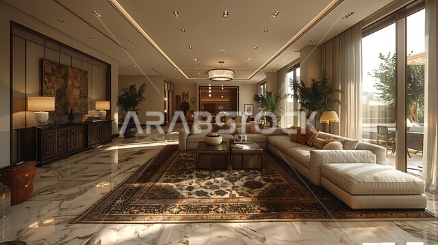 غرفة معيشة بتصاميم عصرية حديثة ، ديكورات داخلية ونوافذ زجاجية متميزة، غرفة جلوس بأثاث منزلي راقي، تصاميم عصرية فاخرة، فلل و قصور سكنية, فنادق ومنتجعات متطورة