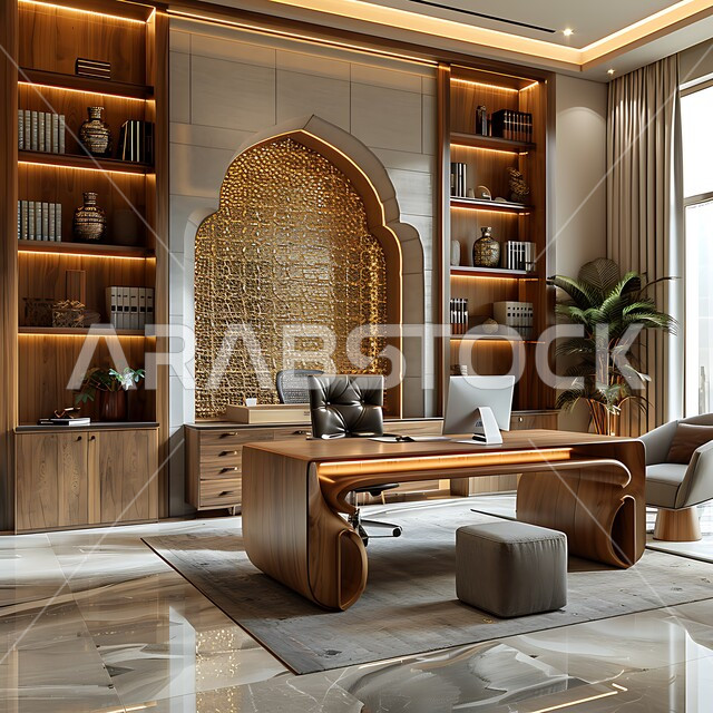 تصاميم داخلية وديكورات راقية على الطراز الحديث، واجهات زجاجية كبيرة في مكتب العمل، أثاث أنيق ومريح، شجيرات صناعية خضراء، تصميمات عصرية حديثة لمكاتب الشركات السعودية