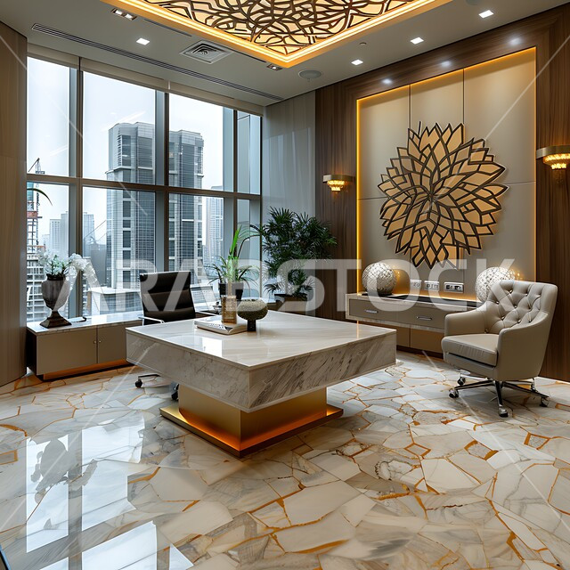 تصاميم داخلية وديكورات راقية على الطراز الحديث، واجهات زجاجية كبيرة في مكتب العمل، أثاث أنيق ومريح، شجيرات صناعية خضراء، تصميمات عصرية حديثة لمكاتب الشركات السعودية