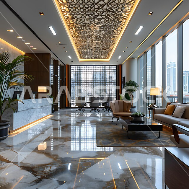 تصاميم داخلية وديكورات راقية على الطراز الحديث، واجهات زجاجية كبيرة في مكتب العمل، أثاث أنيق ومريح، شجيرات صناعية خضراء، تصميمات عصرية حديثة لمكاتب الشركات السعودية